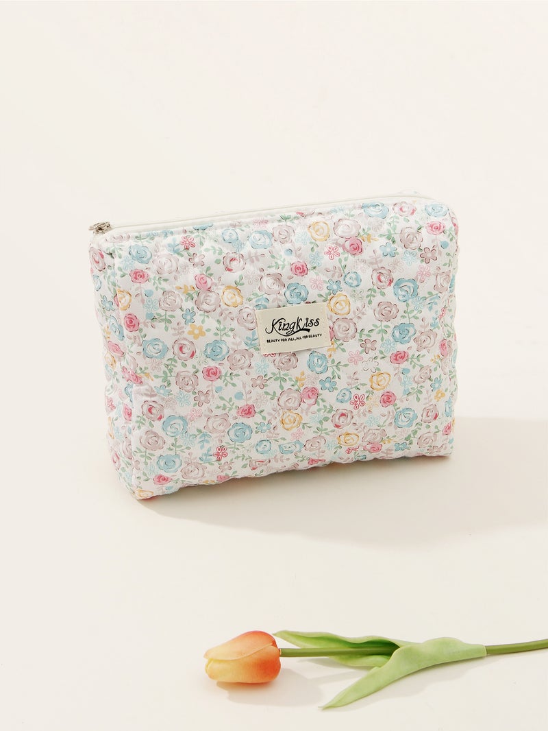 Ins Quilted Rose Flower Large Capacity Hand-Held Liner High-Value Cosmetic Bag Portable Storage Bag - Image 1